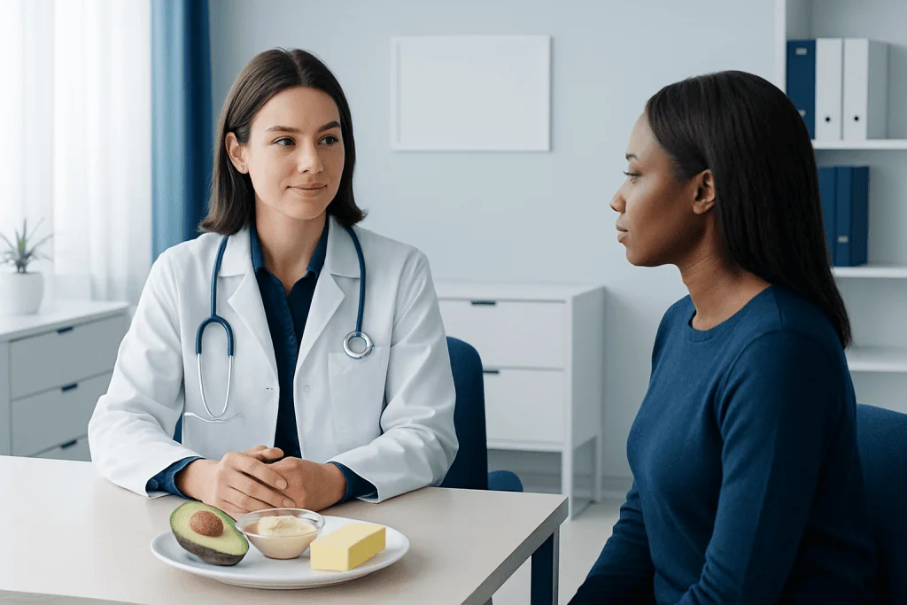 Doctor consulting a patient about healthy butter substitutes in a clinical setting.