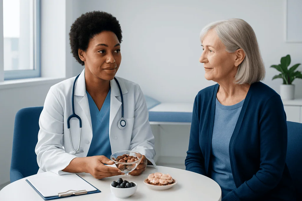 Doctor discussing healthy snacks with elderly woman in clinic.