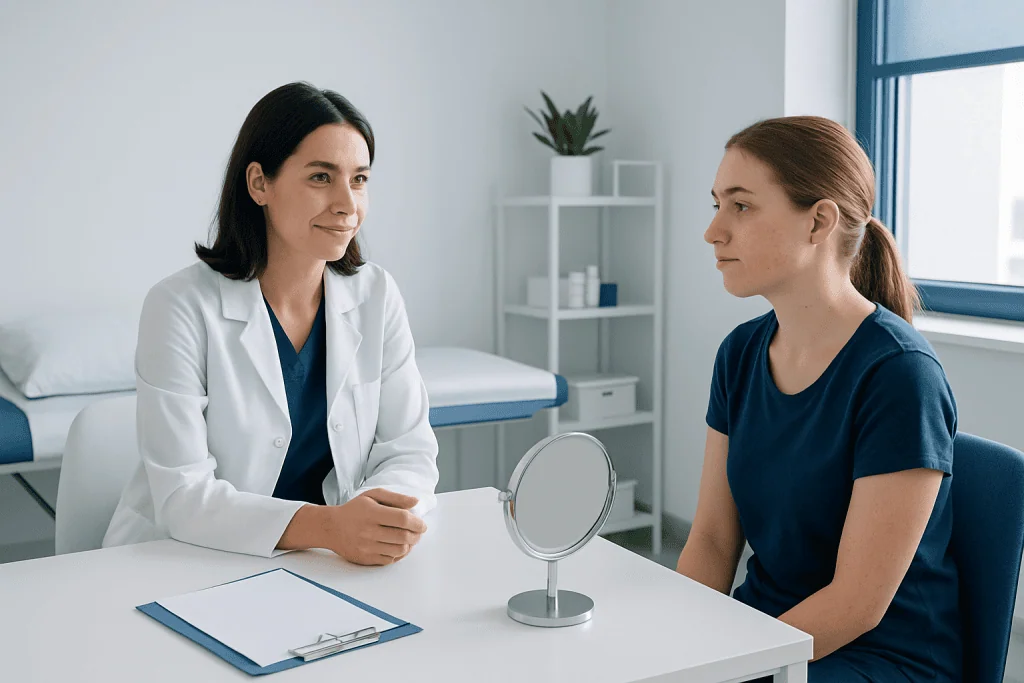 Doctor consulting with a young female patient in a medical office.