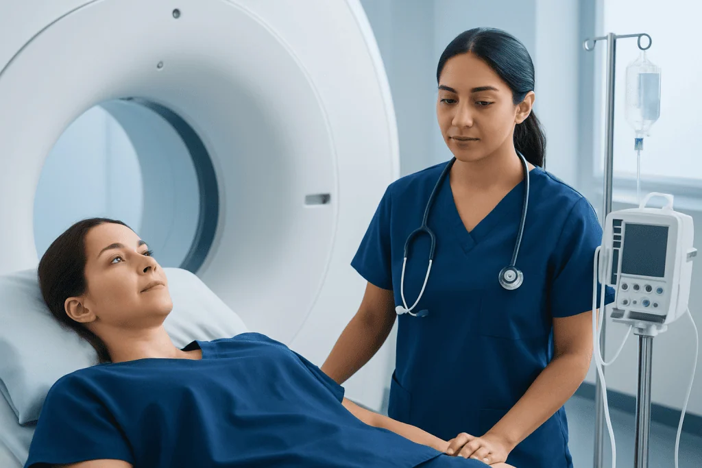 Female patient undergoing a CT scan in a hospital setting.