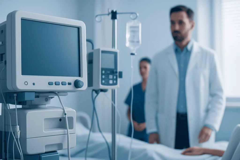 Medical professionals in a hospital room with monitors and IV drip.