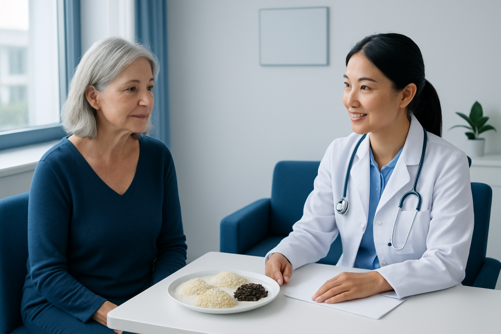 Doctor explaining rice substitute options to an elderly woman in a consultation room.