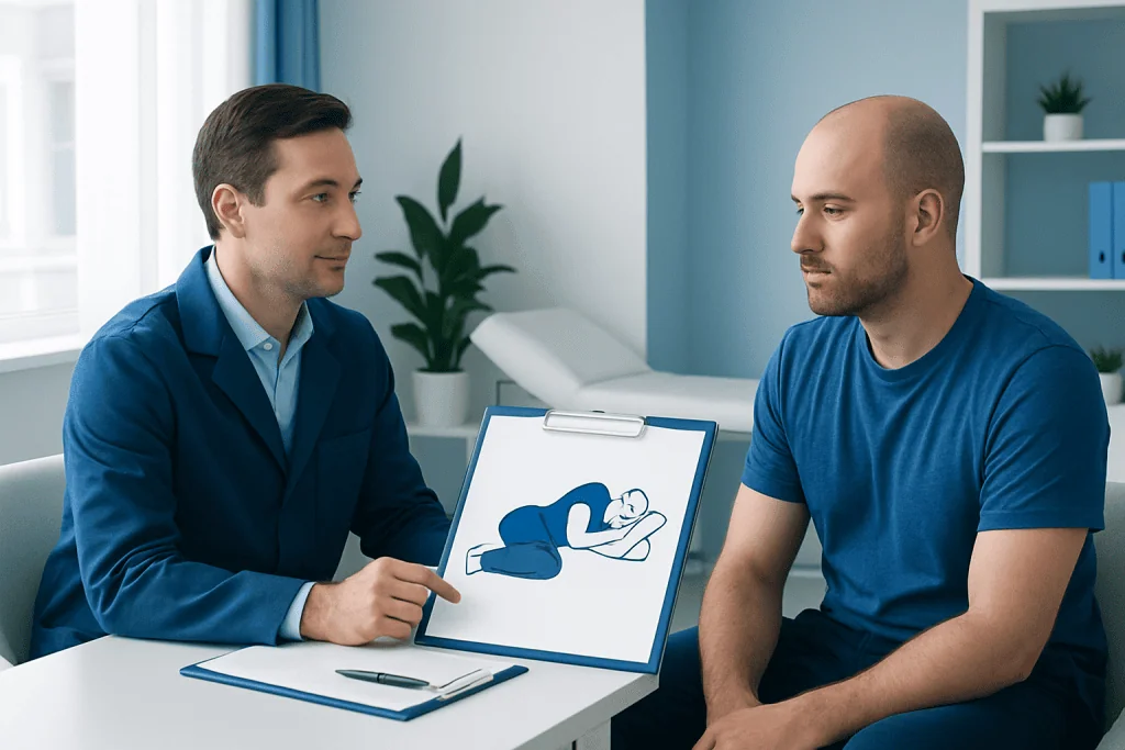 Doctor explaining sleeping positions after hair transplant to patient.