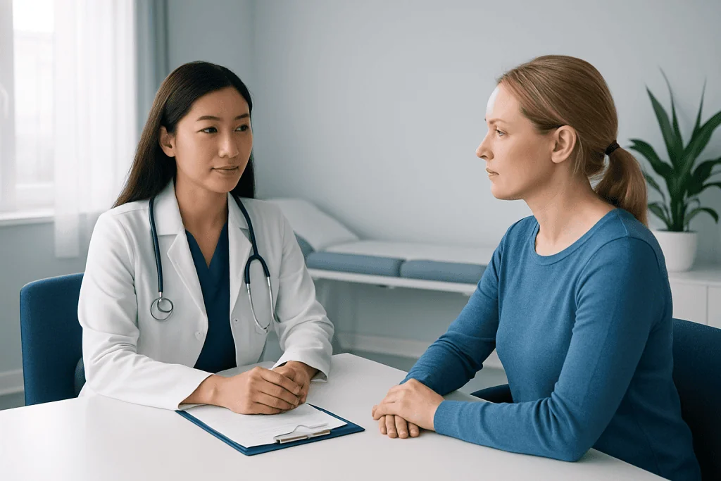 Doctor consulting with a female patient in a medical office.