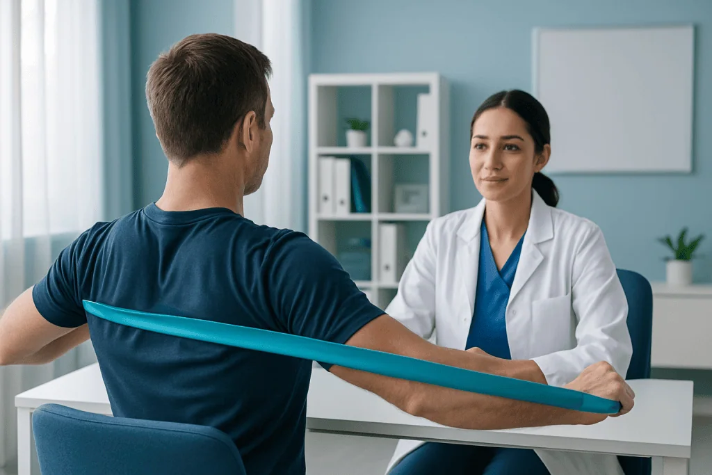 Doctor explains resistance band back exercises to patient in consultation room.