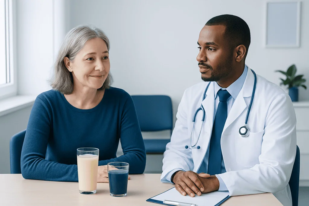 Doctor consulting with an older female patient in a medical office.