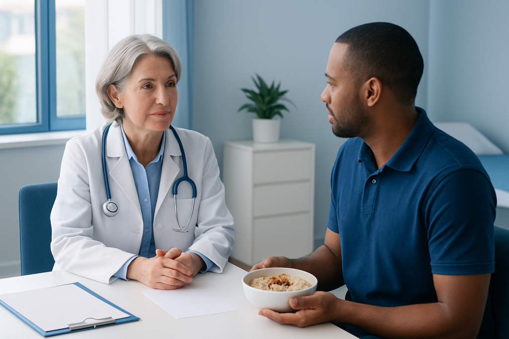 Doctor consulting with a patient about oatmeal and diabetes management.