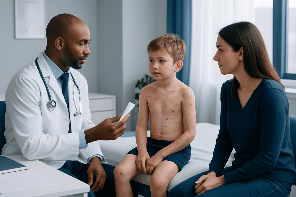 Pediatric consultation at Acibadem Hospital with doctor, child patient, and mother.