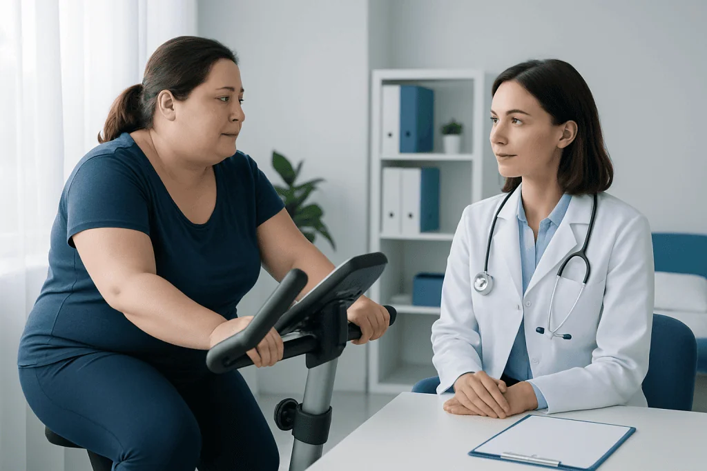 Doctor consulting a patient on stationary bike exercise for weight loss.