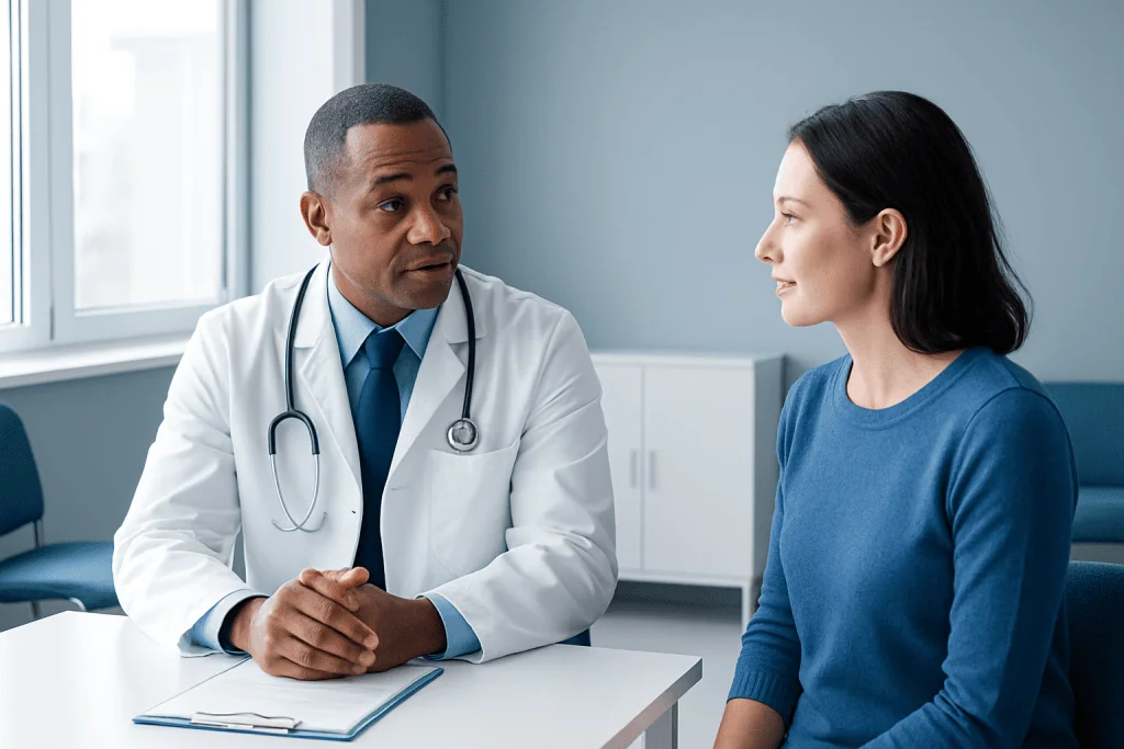 Doctor consulting with a female patient in a medical office.