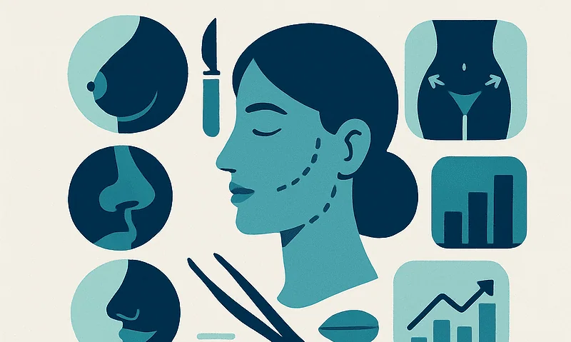 Illustration of cosmetic surgery procedures and facial enhancement tools.