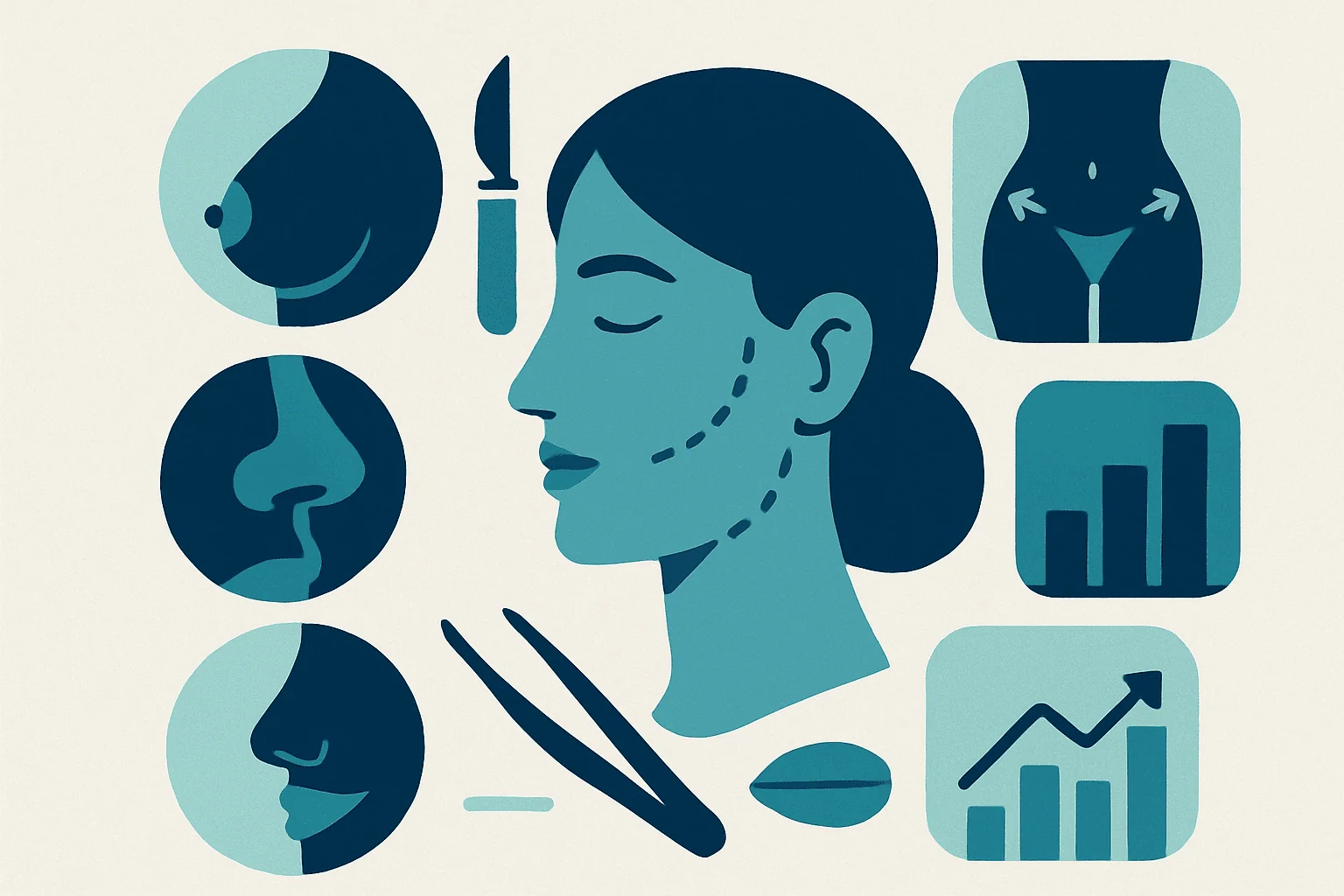 Illustration of cosmetic surgery procedures and facial enhancement tools.