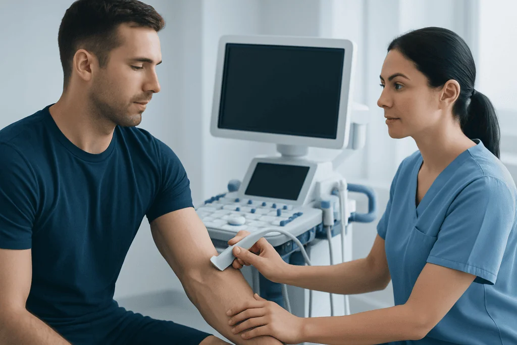 Doctor examining patient's arm in a medical clinic setting.
