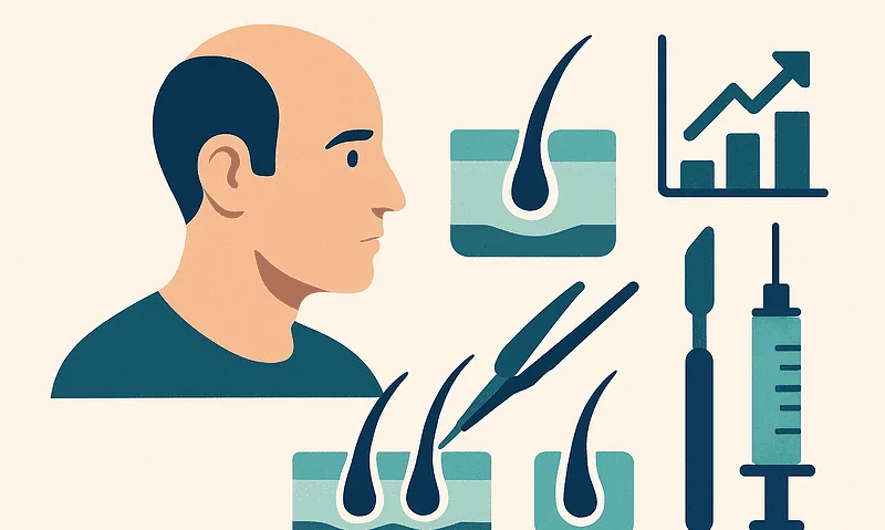Illustration of hair transplant process with scalp and tools.