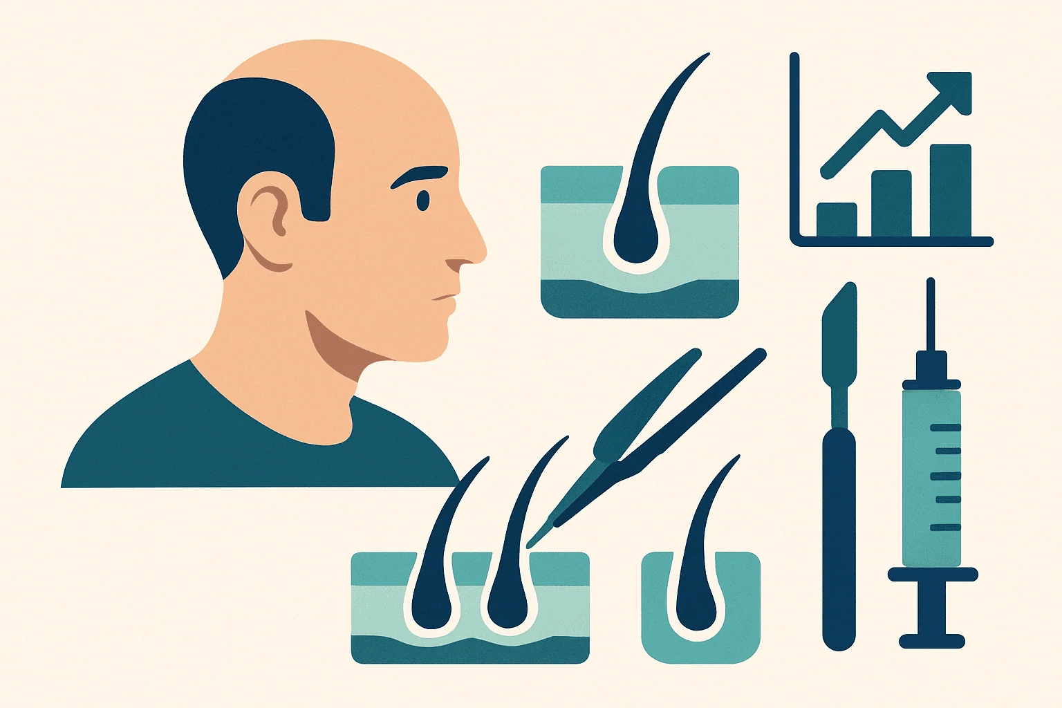 Illustration of hair transplant process with scalp and tools.