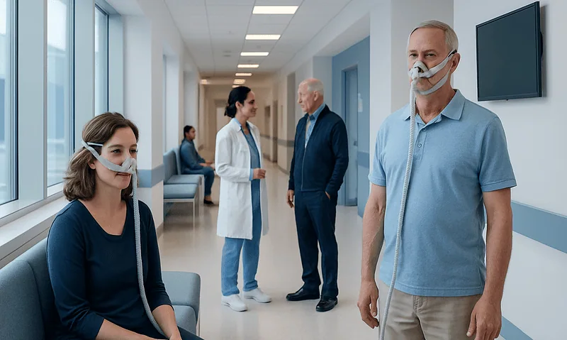 Patients with CPAP and BiPAP masks in a hospital corridor.