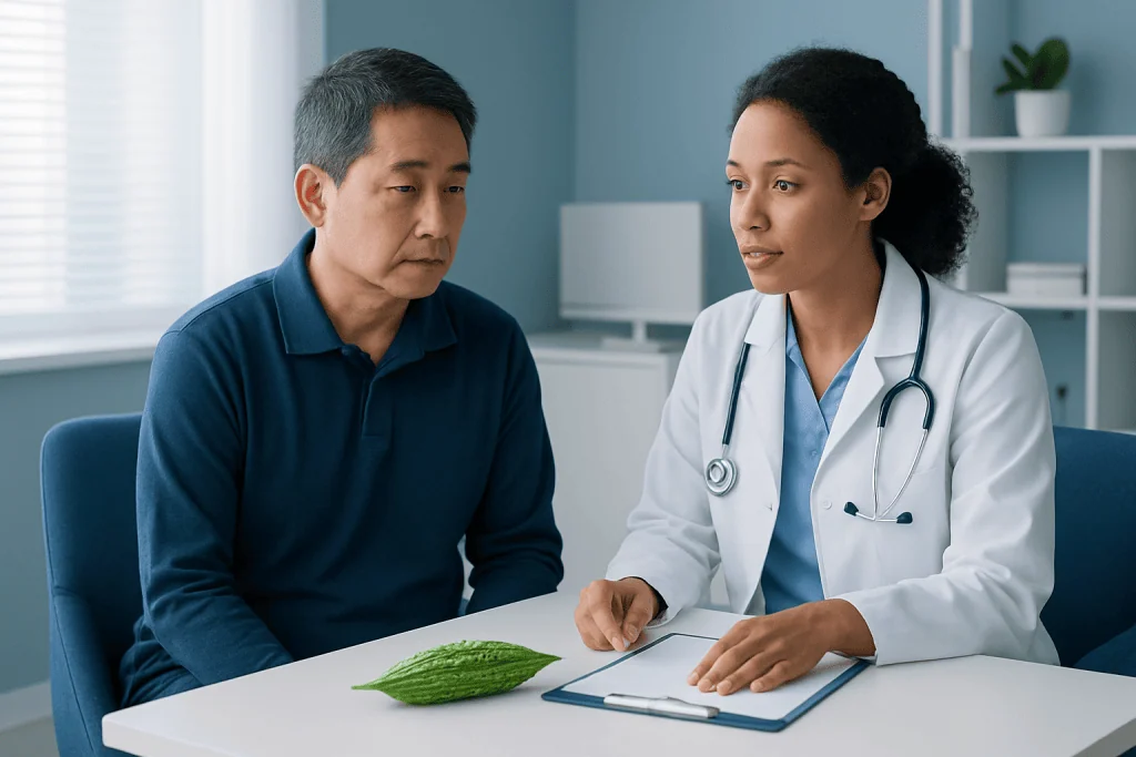 Doctor consulting with patient about bitter melon health benefits and myths.