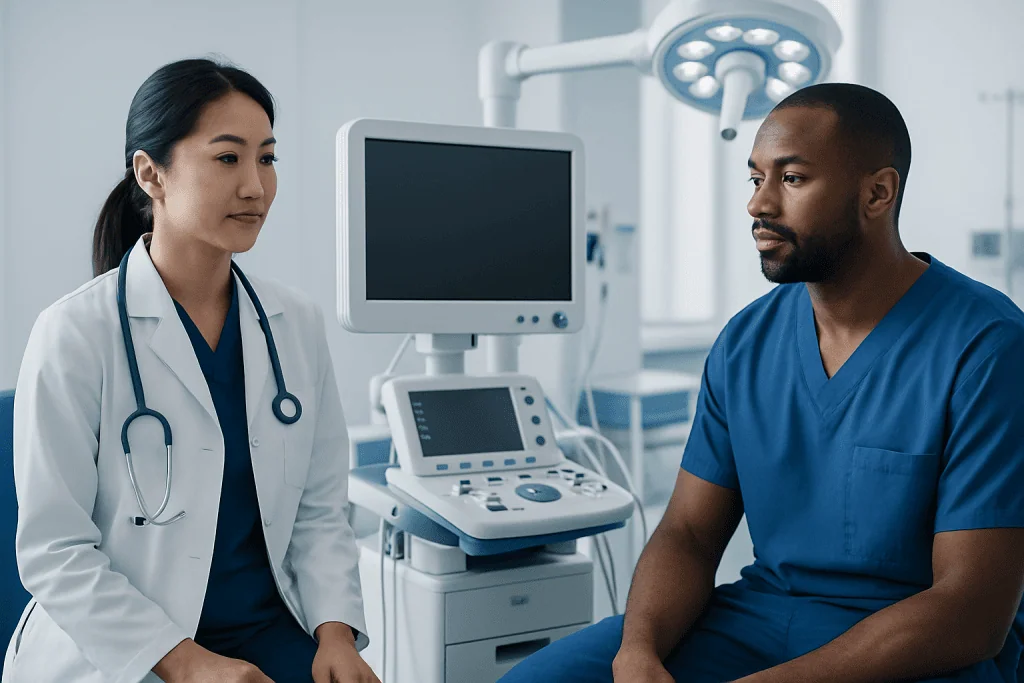 Medical consultation with a doctor and patient in a hospital setting.