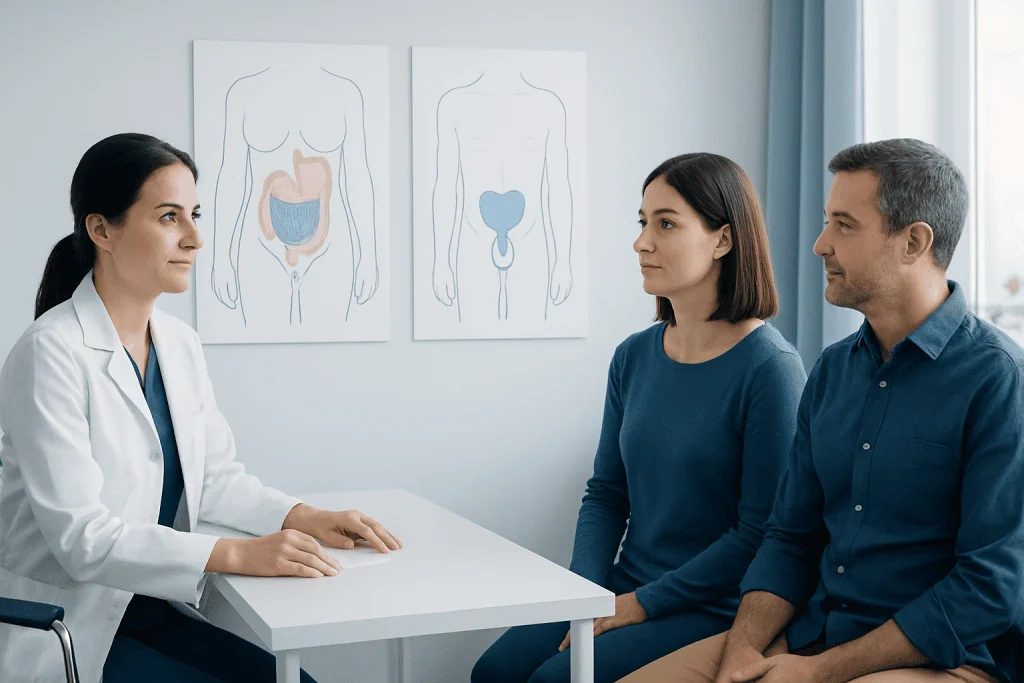 Doctor explaining bladder and urinary system to patients in a consultation room.