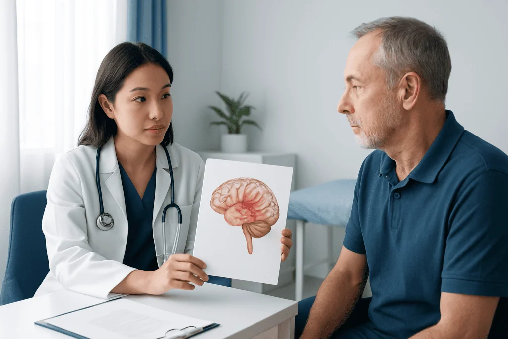Doctor explaining brain anatomy to patient during consultation.