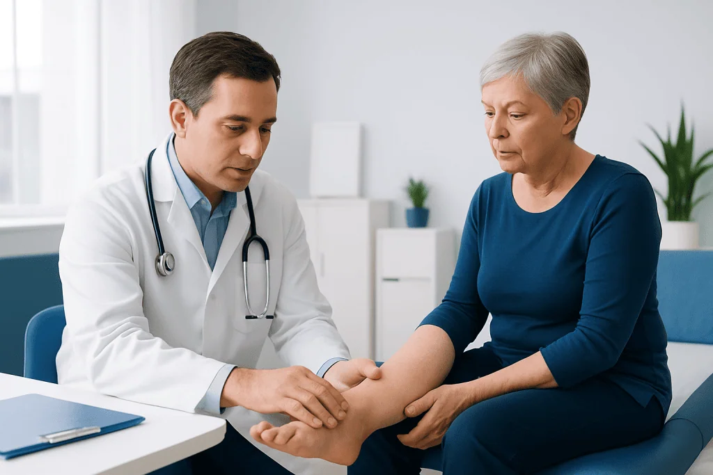 Doctor examining elderly woman's swollen ankle in clinic.