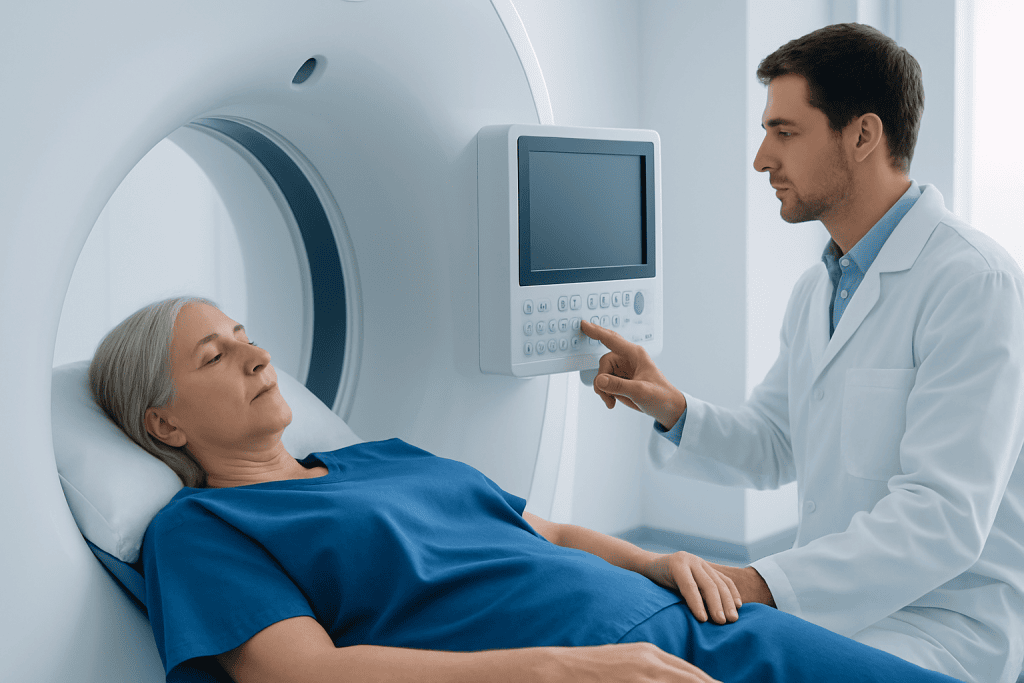 Medical professional preparing a patient for a CT scan in a hospital setting.