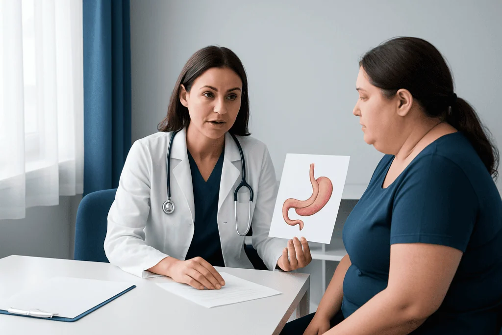 Doctor explaining gastric surgery risks to patient with stomach diagram.