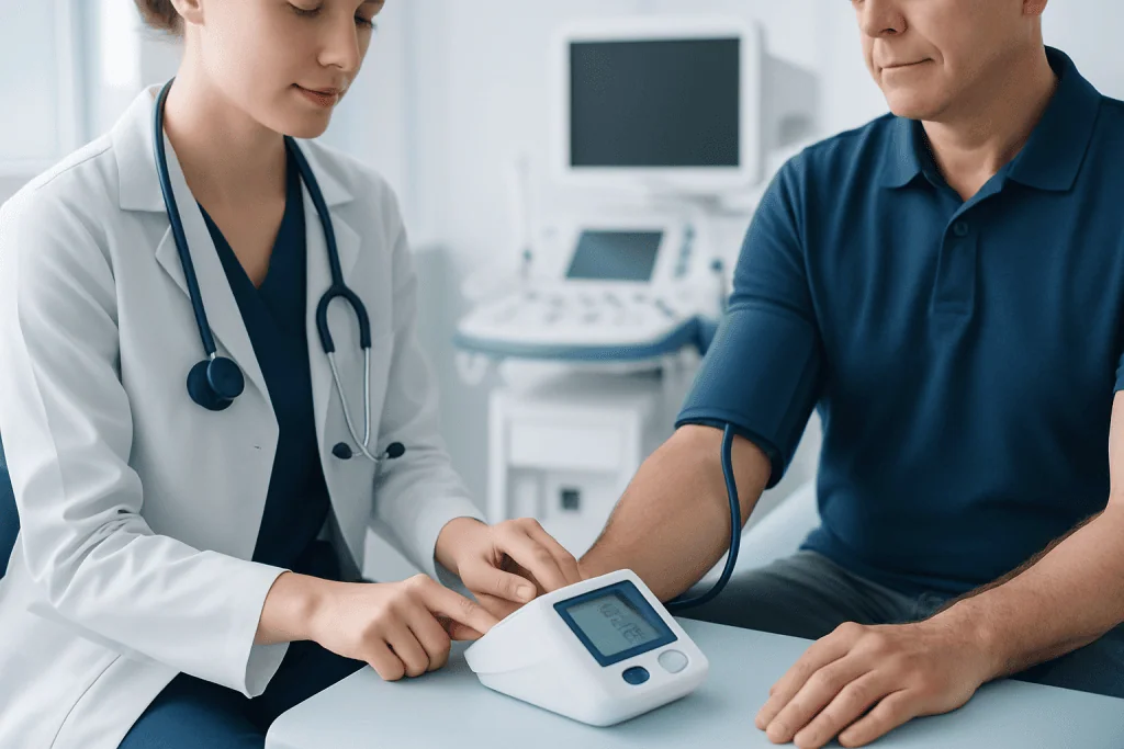 Healthcare professional measuring blood pressure with digital monitor.