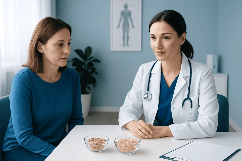 Doctor explaining oats health benefits to patient in consultation room.