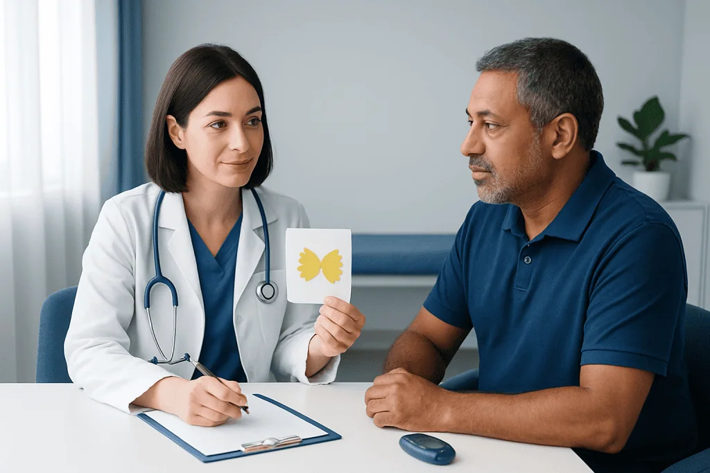 Doctor explaining butterfly-shaped thyroid scan to patient in consultation room.