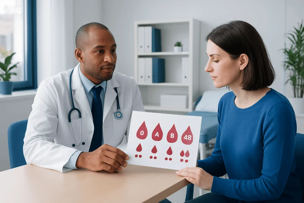 Doctor explaining blood type chart to patient in a medical consultation room.