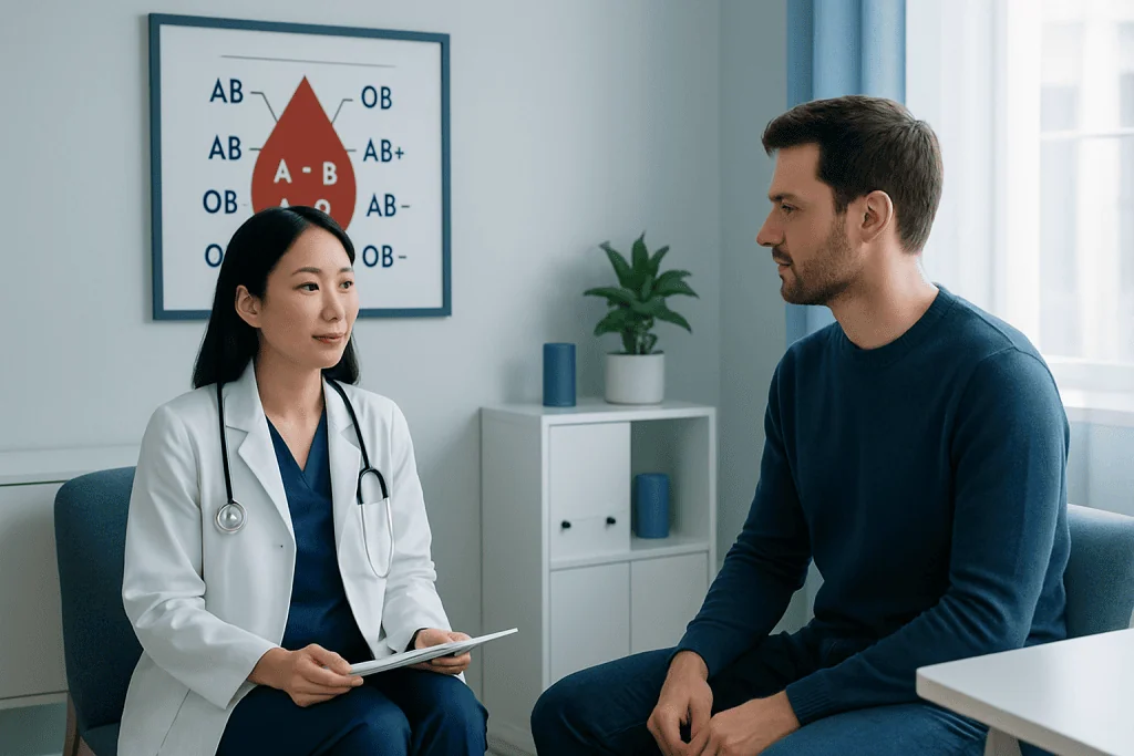Doctor consulting with patient about blood types and compatibility.