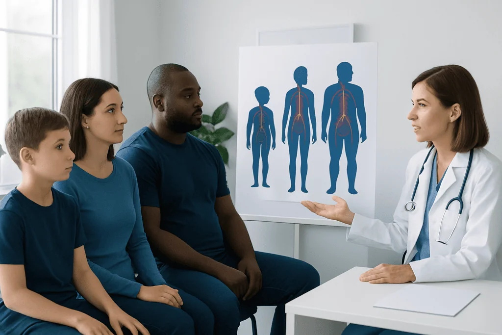 Doctor explaining human body and blood circulation to a diverse group of patients.