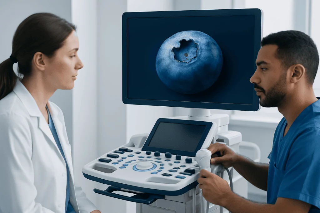 Medical professionals reviewing ultrasound image of a blueberry-shaped object.