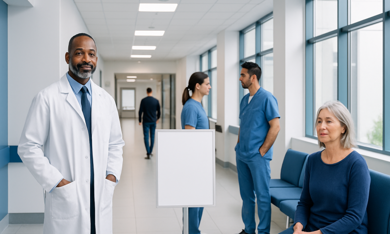 Medical professionals and patient in a hospital corridor at Acibadem Hospitals Group.