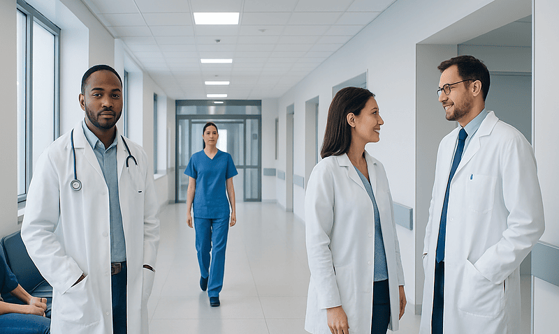Medical team discussing patient care in hospital corridor.