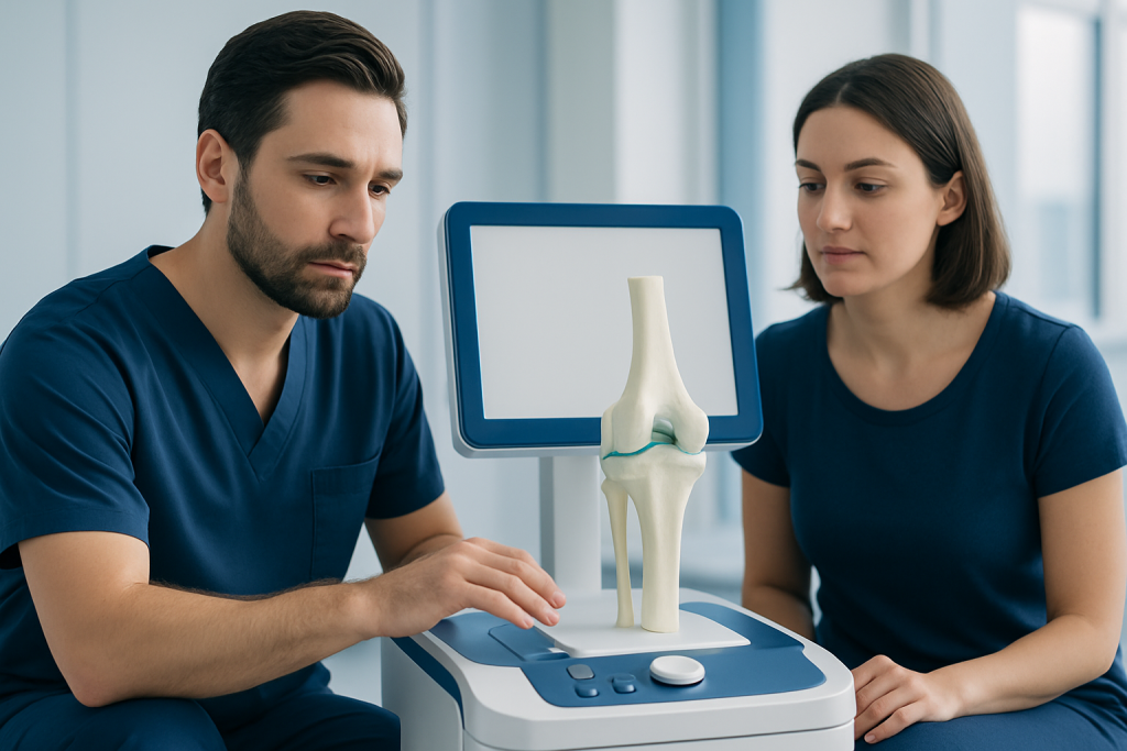 Medical professionals examining a knee model with an ultrasound device.