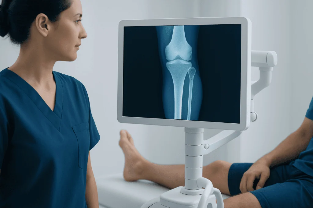Medical professional examining lower leg X-ray on monitor at Acibadem Hospital.