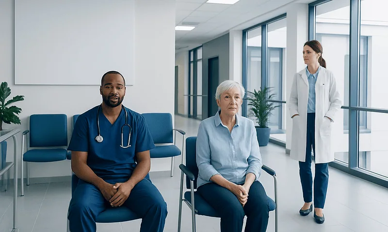 Healthcare professionals and patient in a modern hospital corridor.