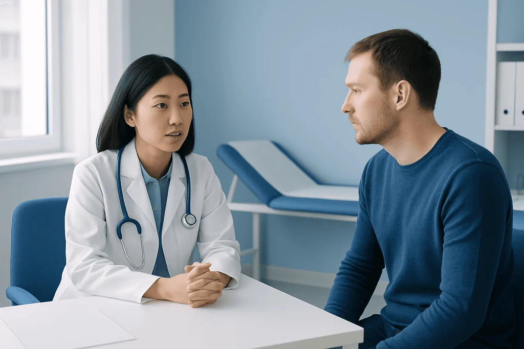 Doctor consulting with a patient in a modern hospital room.