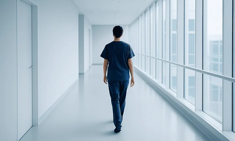 Healthcare professional walking in a modern hospital corridor with large windows.