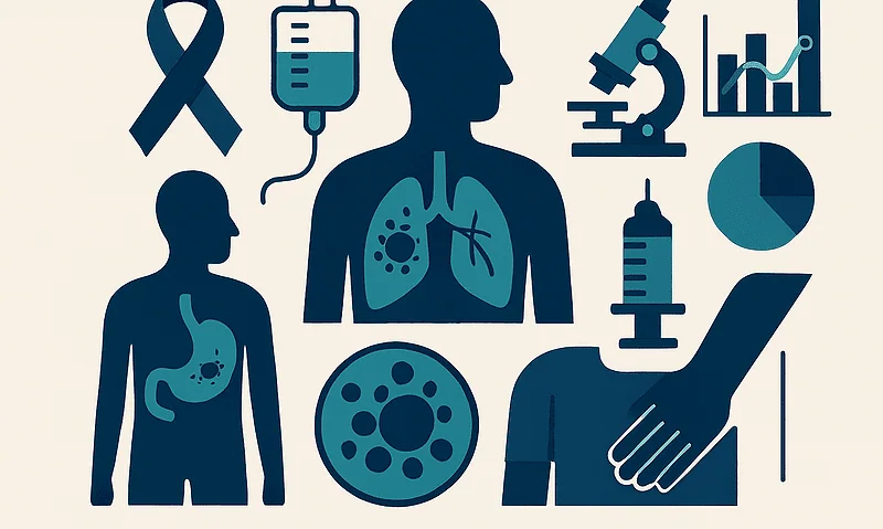 Medical icons representing cancer diagnosis and treatment processes.
