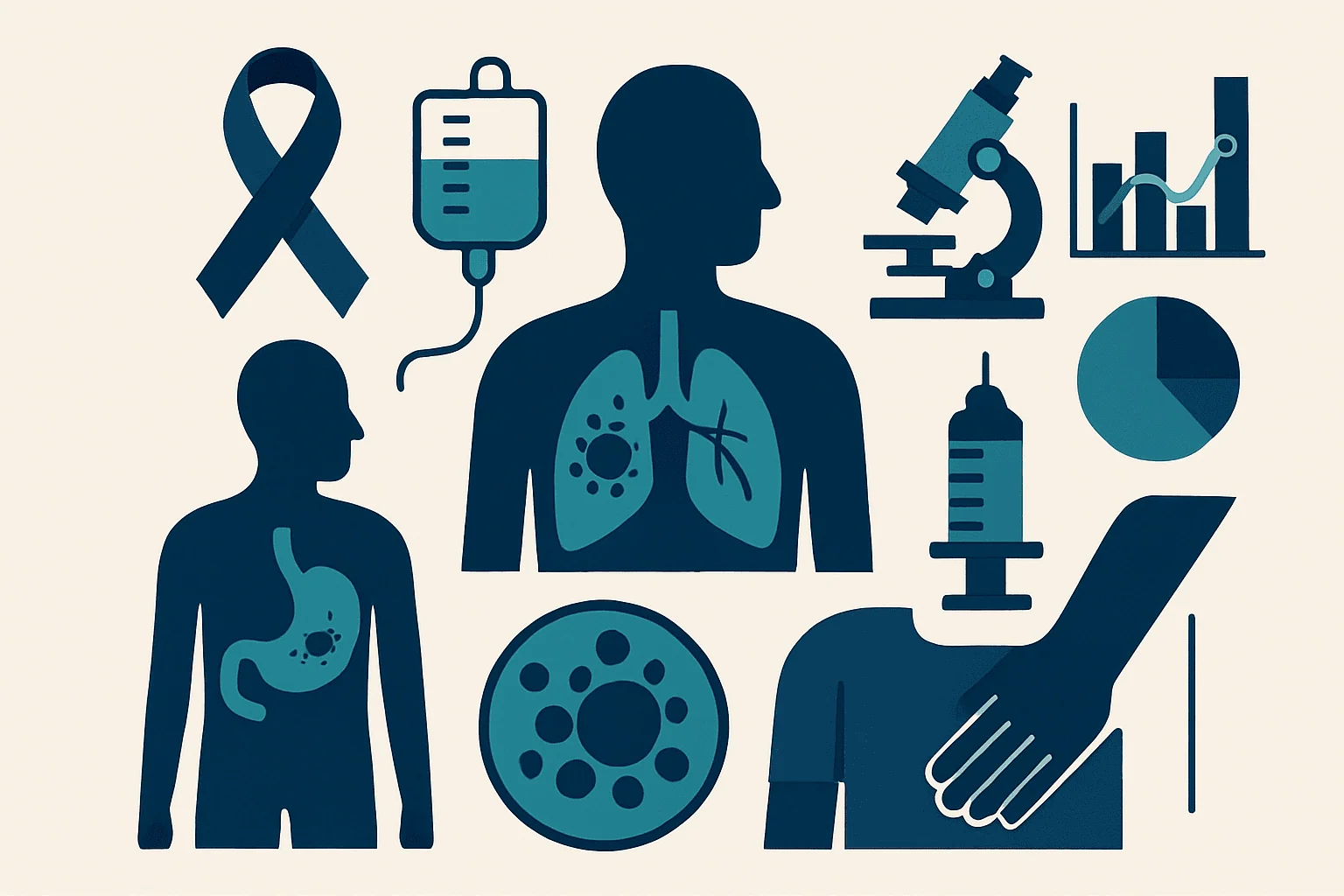 Medical icons representing cancer diagnosis and treatment processes.