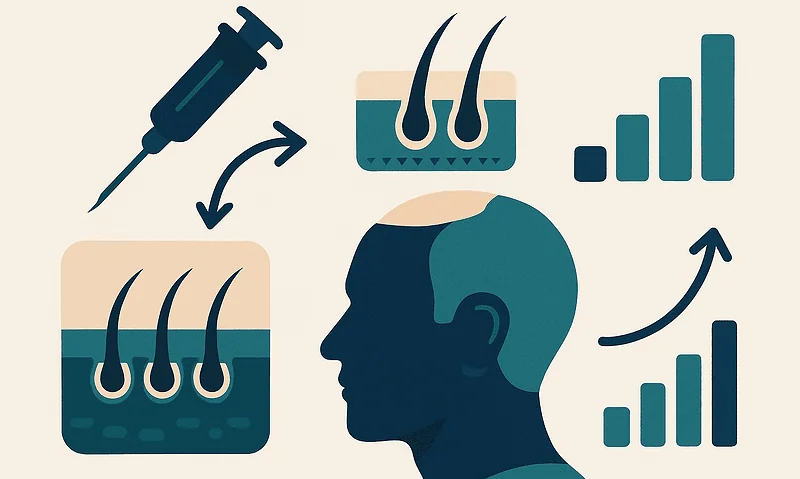 Hair transplant procedure illustration with growth and signal icons.