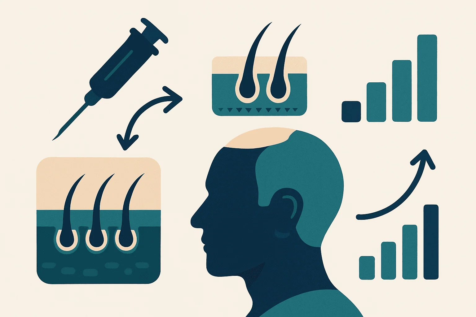 Hair transplant procedure illustration with growth and signal icons.