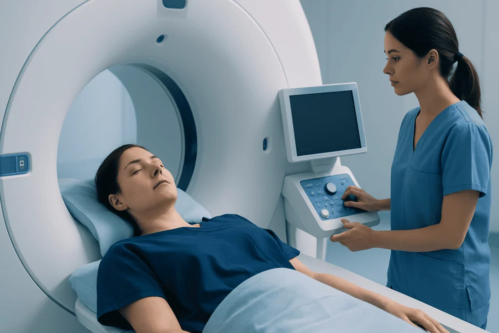 Patient undergoing brain MRI scan in a hospital setting.