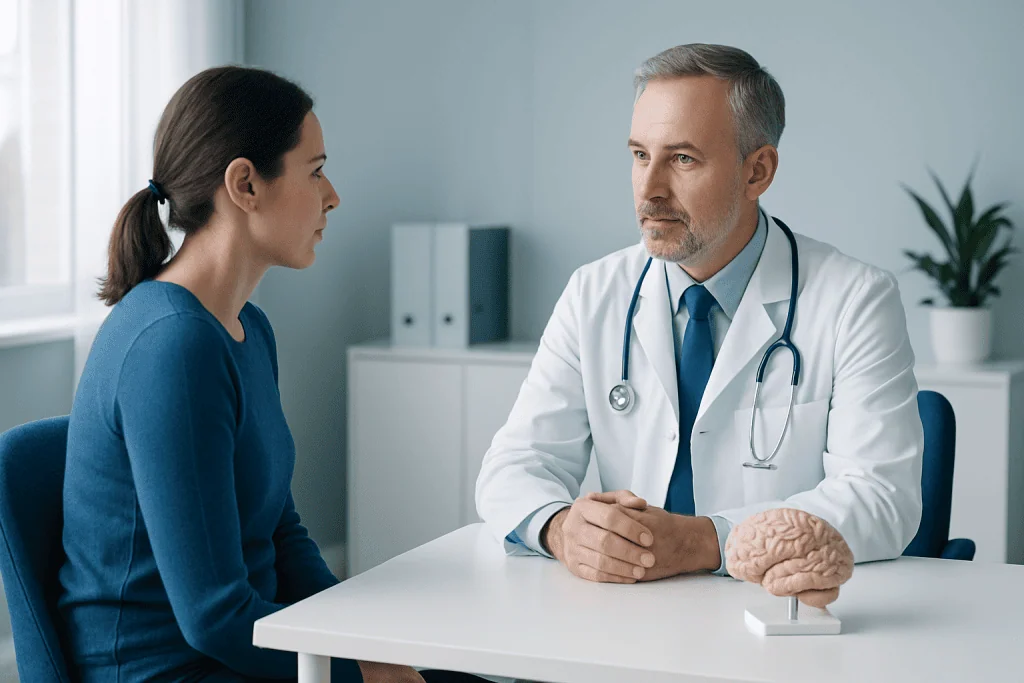 Doctor consulting with a female patient in a medical office.