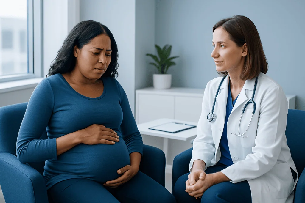 Pregnant woman consulting with a doctor about labor contractions.