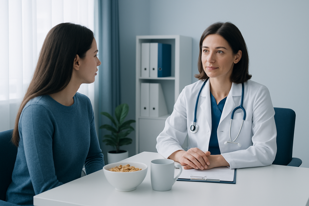 Doctor consulting with patient about healthy eating habits and meal timing.