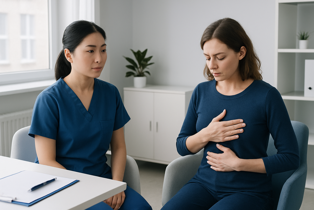 Doctor consulting with a woman about breast health concerns in a clinical setting.